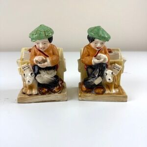 Vintage 1940s Hand-Painted Boy & Dog Bookend Made in Japan Ceramic Figurine Pair
